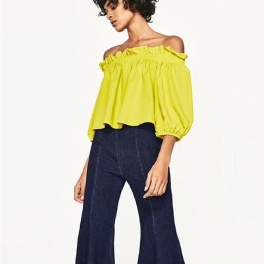3 for $15 Zara Bright Yellow Off the Shoulder Ruffle Top Neon Y2K Summer Bright - Picture 2 of 8